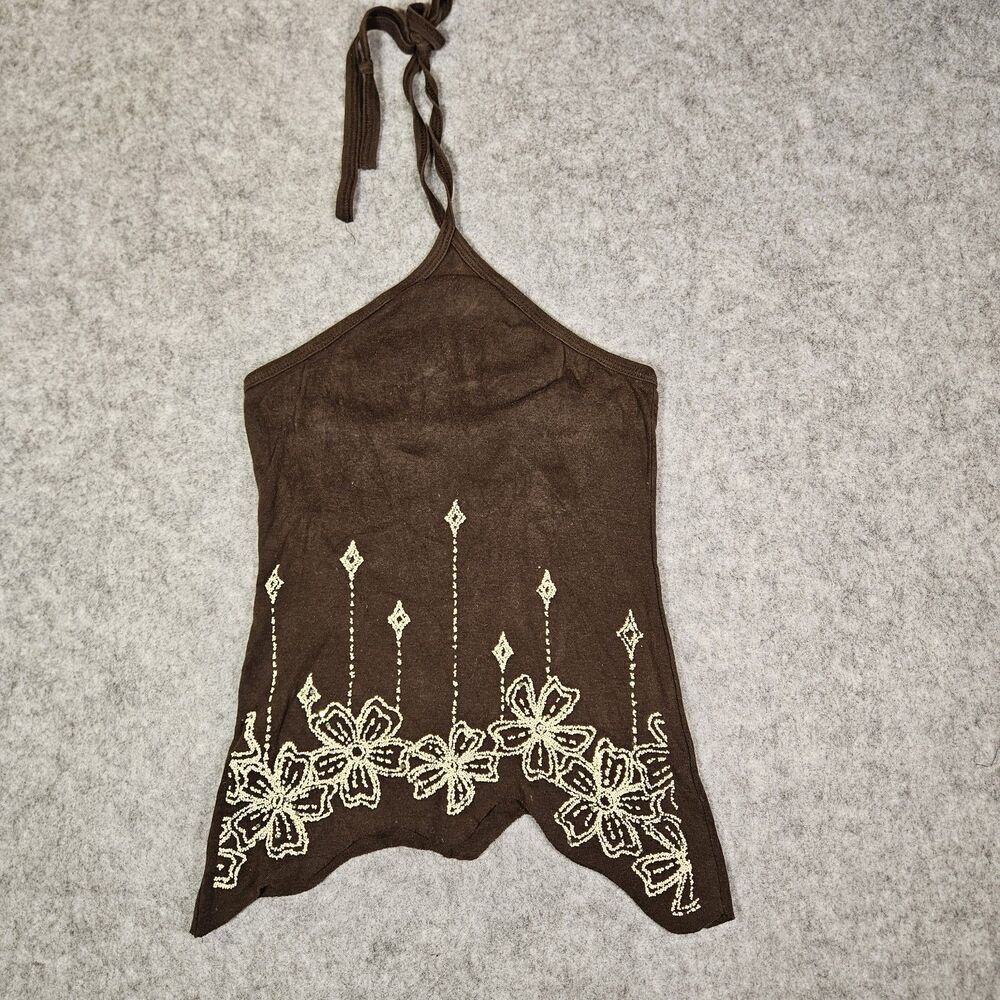 Rave‎ Y2K Brown Beaded Floral Halter Top Baddie Bratz Summer Fairy Size Medium